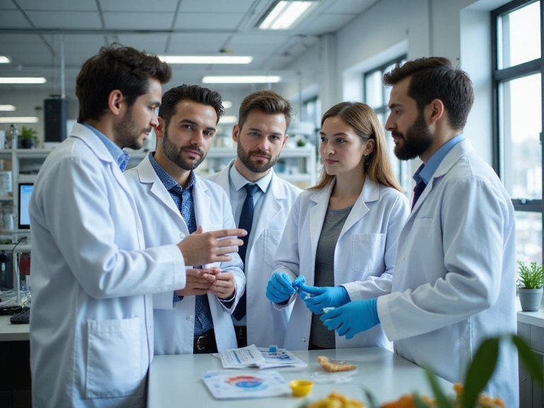 A diverse group of professionals in a bright, modern lab setting, collaborating on natural products