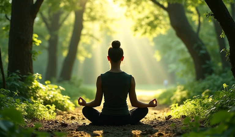Image of a person meditating in a serene natural setting