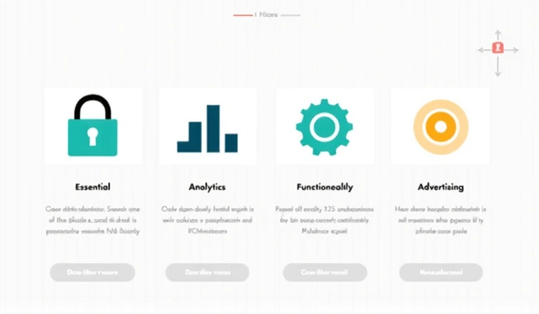 A visual representation of different types of cookies, categorized by function, with icons for essential, analytics, functionality, and advertising.
